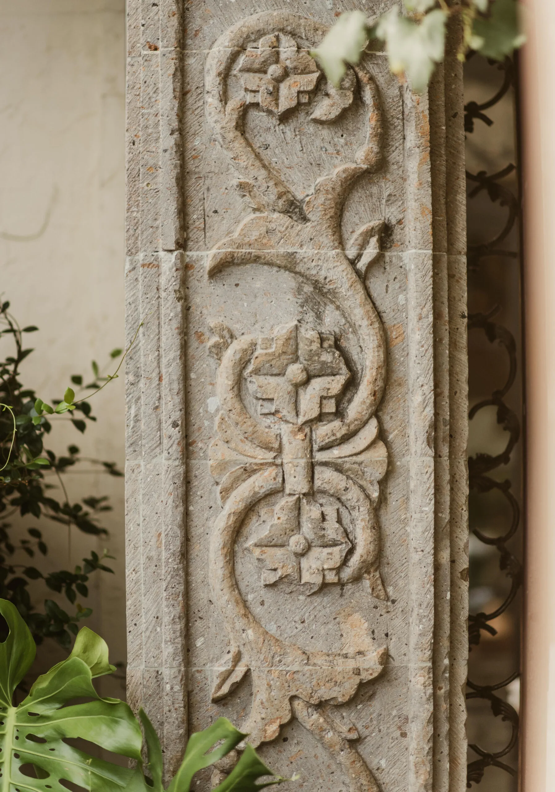 Hand-carved stone column detail